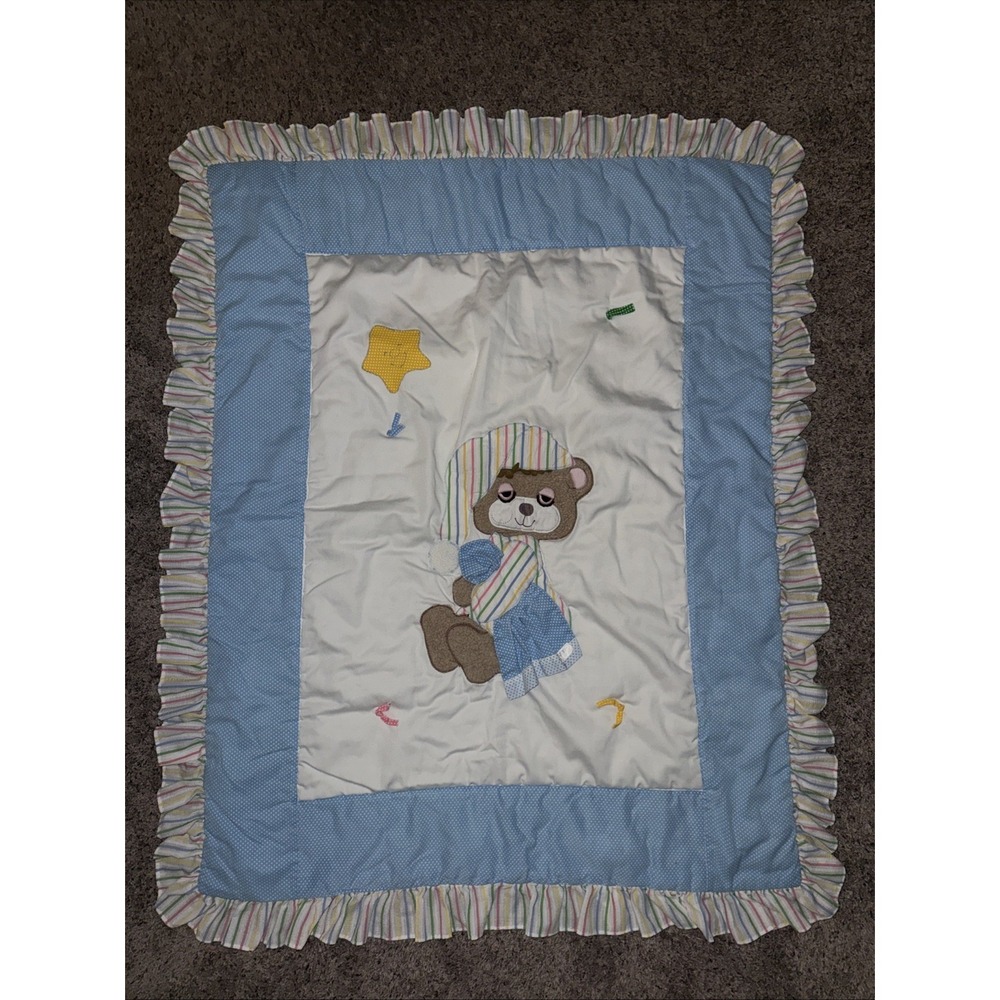 Vtg 1982 Morgan Teddy Beddy Bear Baby Crib Comforter Blanket Sleepy Bear 50"x40"